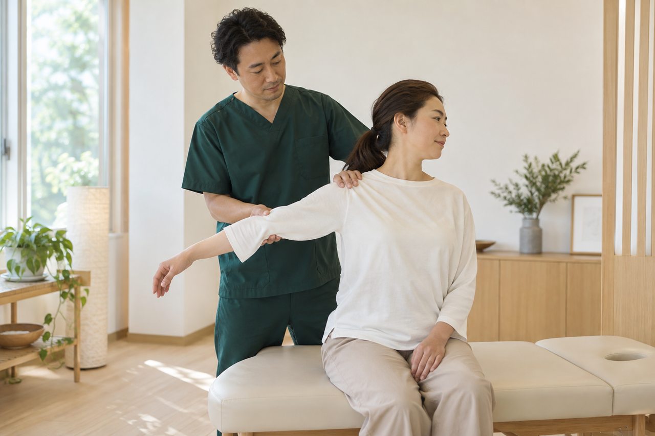明るい治療院で施術者が患者の肩を確認する様子